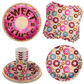 Sweet to Be Three Donut 3rd Birthday Party Supplies - 64 Piece Girls Third Birthday Tableware Set Includes Large 9" Dinner Plates and 7" Dessert Paper Plates Napkins Cups - Kit for 16