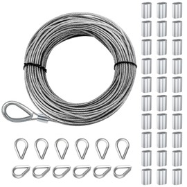Sanuke 1/8” 304 Stainless Steel Cable, 100ft Wire Rope Metal Cable with Loop Sleeve and Thimble, 7x7 Strand Core Steel Wire for Deck Railing System, Garden Fence, Outdoor Hanging Kit