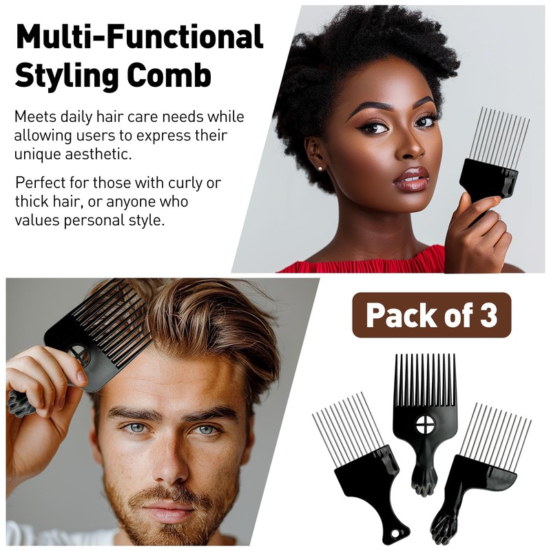 3PCS Metal Afro Comb Set - Black, for Hairdressing &
