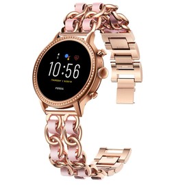 Compatible for Fossil Gen 5 Julianna Band, YOUkei Jewelry Chain Metal Wristband with Leather Compatible for Fossil Gen 5 Julianna Smartwatch (Rose Gold-Pink)