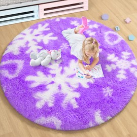 EVOIONOS Round Purple Rugs for Girl Bedroom, 4x4 Feet Fluffy Circle Purple Snowflake Rug for Room Decor, Circular Plush Snowflake Carpet for Kids Room Playroom Nursery Decor, Cute Purple snowflake rug