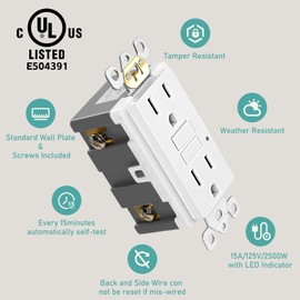 GFCI Outlet 15 Amp, Self-Test GFI Receptacle, Tamper & Weather Resistant (TR/WR), UL Listed, LED Indicator, Wall Plate Included, 1-Pack, Matte White
