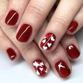 Valentine's Day Press on Nails Short Square Fake Nails with Hearts Designs Glue on Nails Burgundy Full Cover Nails Press ons Glossy False Nails Valentines Artificial Stick on Nails for Women 24Pcs