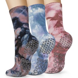 homimanor Pilates Socks with Grips for Women, Yoga Grip Sock Non Slip Colorful Tie Dye Grippy Socks for Barre, Pilates, Yoga, Home Fitness 3 Pairs
