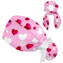 Red Hearts Patter Scrub Cap Surgical Nurse Cap Women Long Hair Ponytail Pouch Tie Back Hats