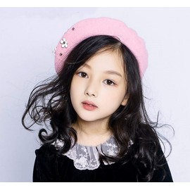 Licus Kids Girls Wool Felt Flowers Beret Hat French Artist Beanie Cap Pink