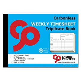 Cherry Carbonless NCR Weekly Timesheet Triplicate Book A4 50 Sets