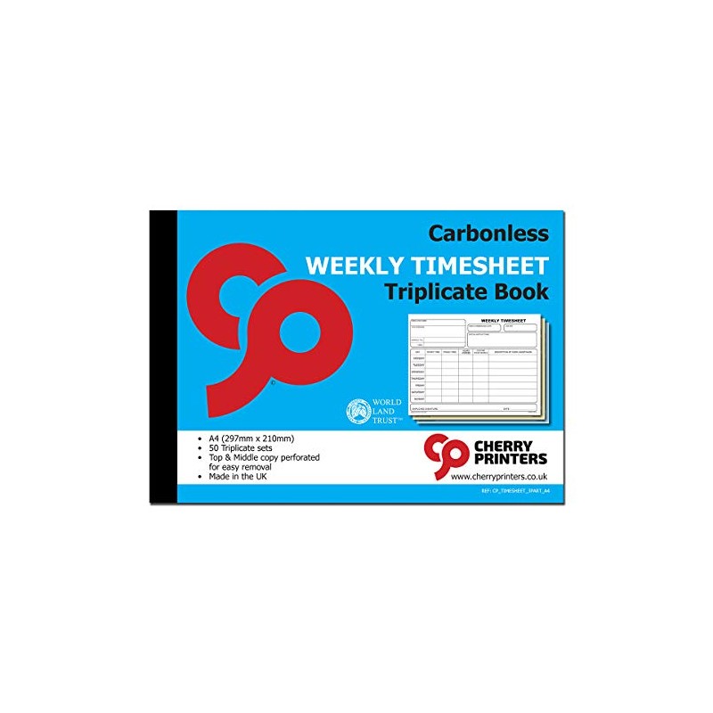 Cherry Carbonless NCR Weekly Timesheet Triplicate Book A4 50 Sets
