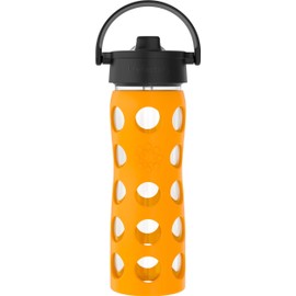 Lifefactory 16-Ounce Glass Water Bottle with Pivot Straw Cap and Protective Silicone Sleeve, Marigold
