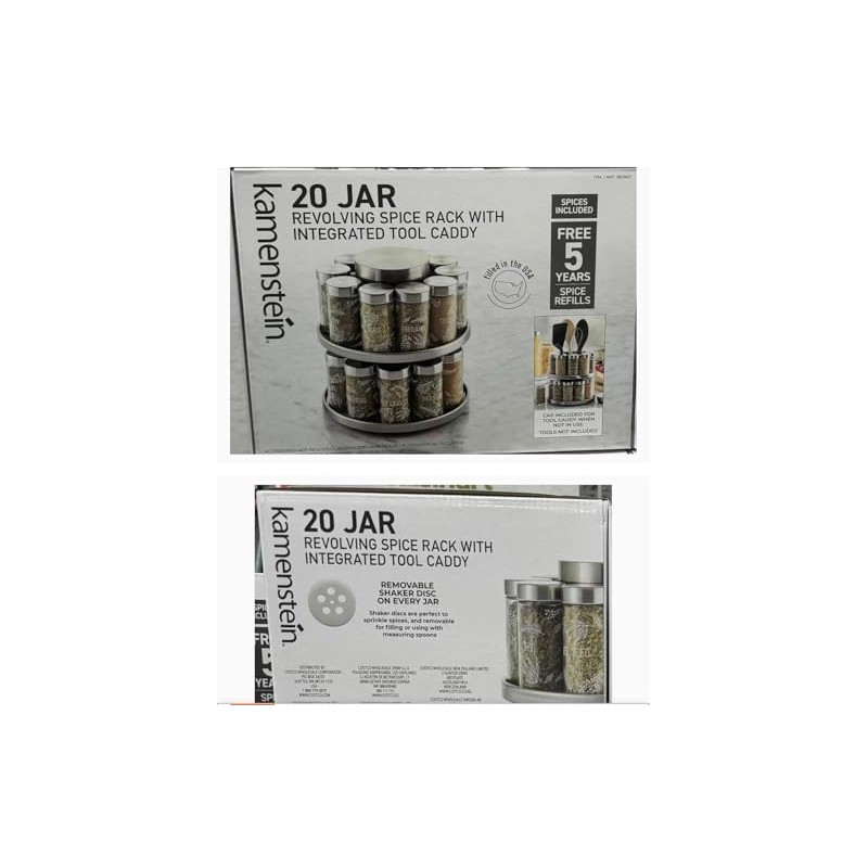 20 jar revolving spice rack with integrated tool caddy