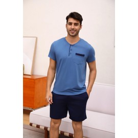 Aseniza Men's Short Pyjamas Cotton Button Placket Summer Shorty Pyjamas with T-Shirt and Shorts for Men, Blue-220