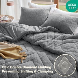 Comfort Spaces Queen Comforter Set Reversible Feather-Soft Plush Comforters for Queen Size Bed, All Season Diamond Quilted Microfiber Comforters Queen Size Bedding Set, Full/Queen, Grey 3 Piece