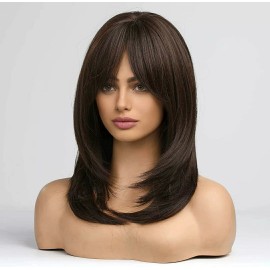 Unbranded Wig - Human Hair Blend - Long Straight Layered Dark Brown Bangs Heat Resistant