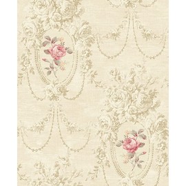 Wallquest Wallpaper Red Pink Taupe Tan Floral Bouquet Cameo on Tan Faux, 56 Sq Ft Bolt