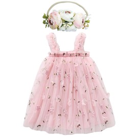 BGFKS Layered Tulle Tutu Dress for Toddler Girls,Baby Girl Rainbow Tutu Princess Skirt Set with Flower Headband.(Flower Pink,12 Months)