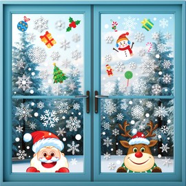 145Pcs Double Sided Static Christmas Window Stickers Reusable Cute Christmas Window Clings Snowman Santa Claus Reindeer Snowflake Window Decals for Xmas Party Supplies Decorations