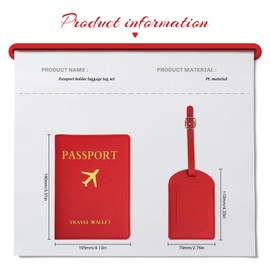 YMWALK Passport Cover and Luggage Tag Set, PU Leather Passport Cover and Suitcase Tag, Travel Accessories for Couples, Wedding, Honeymoon, Gift Ideas, red, Modern