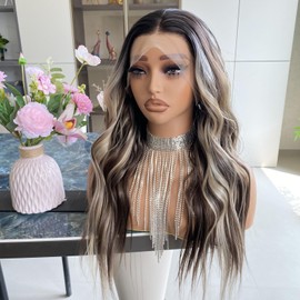 Carkira Brown Highlight Blonde Wig Ombre Dark Root 13x4 Lace Front Wigs Pre Plucked Long Loose Wave Platinum Synthetic Fiber Hair 20Inch for Women