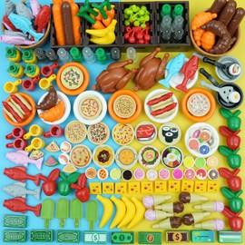 220pcs City Food Accessories Building Block, Friends-People Picnic Toys, Kitchen Restaurant Comida DIY Pieces, Fruit-Pizza-Cheese-Ice Cream-Turkey Parts, Money Bricks for Extra Set