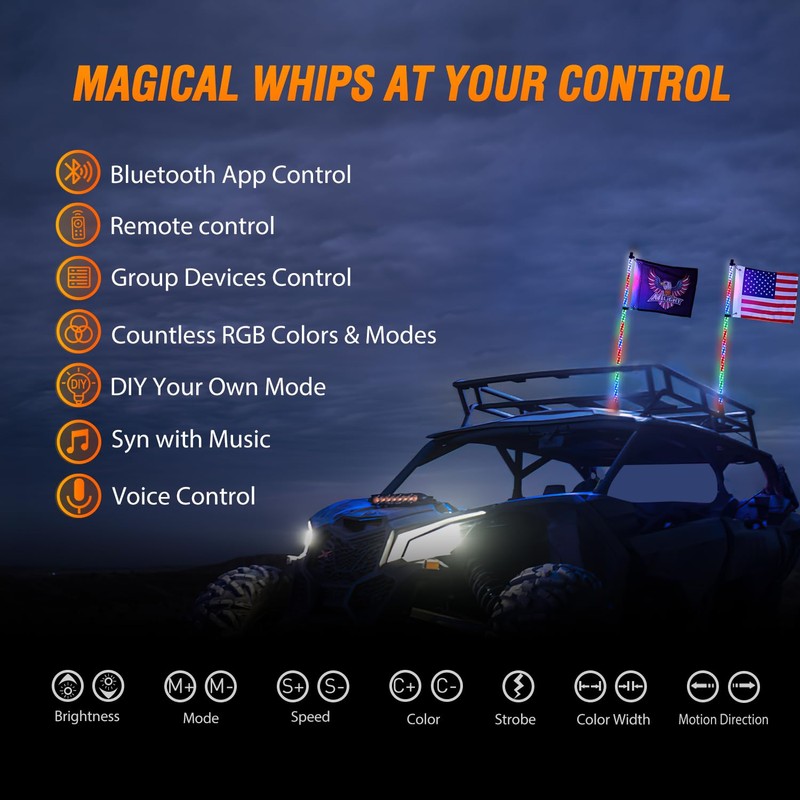 Nilight 2PCS 2FT RGB LED Whip Light with Extra Stop