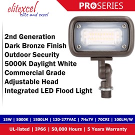 Elitexcel Flood Lights Outdoor, Gen2 15W Landscape Lighting, 50W MH Replace with 1500 Lumen 5000K Daylight Spotlight, 120-277V Garage Yard Patio Tree Security Light, UL-Listed, 5 Years Warranty