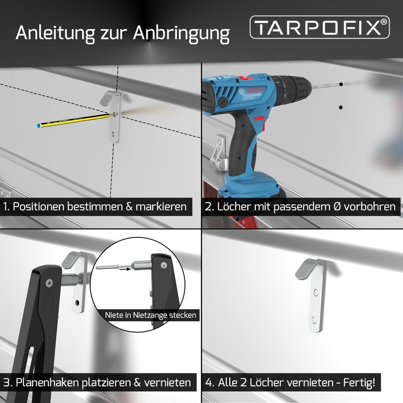 Tarpofix® Tarpaulin Hooks, Net Hooks with Rivets for Trailer Tarpaulin