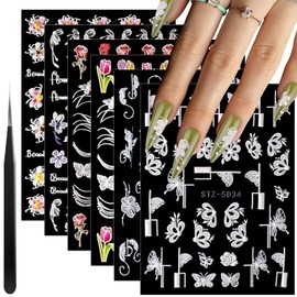 6 Sheets 5D Flower Nail Stickers for Nail Art, 3D Embossed Engraved Floral Butterfly Pegatinas Uñas Nail Accessories Self Adhesive Lace Roses Nail Decals Supplies for Women French Tips Nail Design