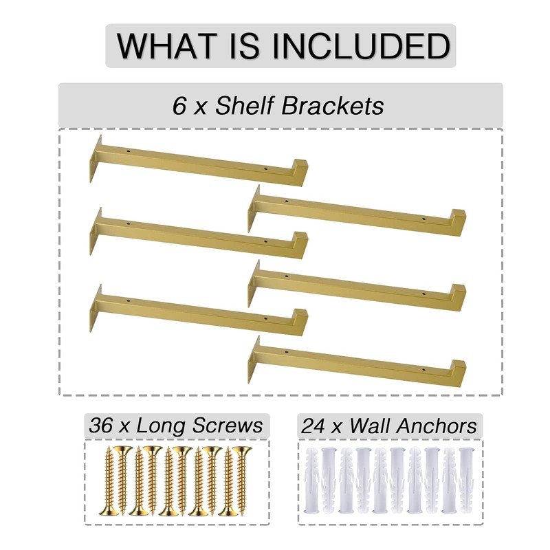 OVOV 6 Pack Gold Shelf Brackets 10 Inch Floating Shelf
