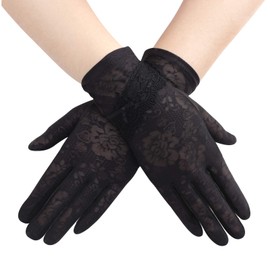 Women Sun UV Protection Driving Gloves Summer Short Floral Lace Anti-skid Screentouch Gloves Elegant Sunblock Fishing Hiking Cycling Gloves Wedding Bridal Full Finger Gloves (#E-Black, ONE SIZE)