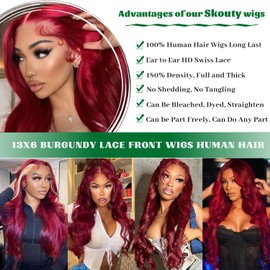 99J Burgundy Wig Human Hair 13x6 Body Wave Lace Front Wigs 180% Density Red Wine Glueless Wigs Pre Plucked for Women 20 Inch