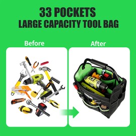 17-Inch Open Top Tool Bag, Electrician Tool Bag, Tool Tote Bag Organizer for Easy Tool Access, 33 Pockets Foldable Tool Carrier with Rotating Steel Handle and Removable Shoulder Strap (Black+Green)
