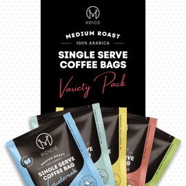 Mondo Single Serve Coffee Bags (20 Cups) Variety Pack - Organic, Medium Roast - Disposable, Portable Coffee Filters for Camping and Travel, Sampler Box of 5 Ground Coffee Flavors