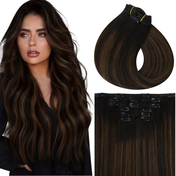 Vivien Remy Clip-In Real Hair Extensions, Balayage, 45 cm, Natural Black Ombre to Medium Brown Mixed of Black #1B/6/1B Extensions, 7 Pieces, 120 g