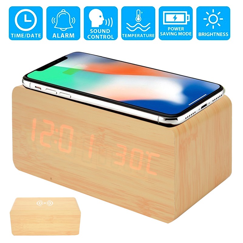 Wooden Clock Alarm Mobile Phone Wireless Charging Wood Voice Control