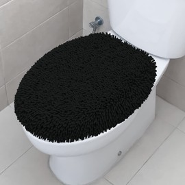 TREETONE Shaggy Chenille Bathroom Toilet Lid Cover, Ultra Soft Plush Seat Covers, Fluffy Absorbent, 19x21 Inches, Standard Toilet Lids for Bathroom Machine Wash & Dry, Black