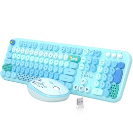 Wireless Keyboard Mouse Combo, MOFII 104 Round Keys Lovely Full-Size Cute Colorful Keyboard and Mouse with Retro Typewriter for PC/Mac/Laptop/Tablet/Computer/Windows Blue