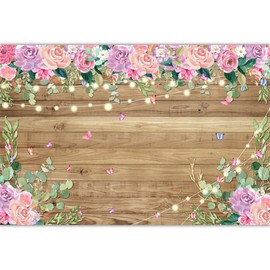 7X5FT Rustic Wood Floral Backdrop, Pink Flower Wood Glitter Birthday Photography Background for Women Girls, Birthday Newborn Baby Shower Wedding Party Decorations Banner Photo Shoot Props (Polyester)