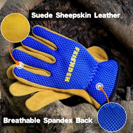 FEISHDEK Kids Leather Gardening Gloves, 2 Pairs Toddler Work Gloves, Breathable Design Perfect for Children Gardening Age 2-6 (Blue 1 Pair, Small (Age 2-4))