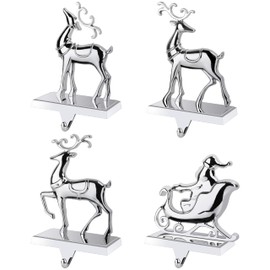 OCTERIC 4 Pcs Christmas Stocking Holder Santa’s Sleigh Reindeer Christmas Silver Decorative Stocking Hanger Metal Stocking Hooks with Non-Slip Strips for Fireplace Counter Window Decor