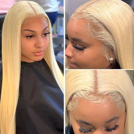 Ubetta Blonde Human Hair Lace Front Wig, 13x6 Brazilian Straight Lace Frontal Wig Pre Plucked with Baby Hair 150% Density Blonde 613 Human Hair Wigs for Black Woman Bleached Knots Lace Wig 16 Inch