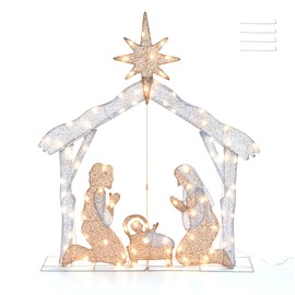 AW 4.5FT 3D Holy Family Manger Nativity Scene with 80 LED Lights Stakes Waterproof for Patio Yard Garden Christmas Party Event Holiday