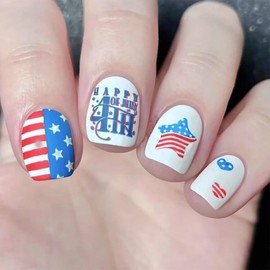 24Pcs 4th of July Press on Nails Short Square Matte Fake Nails Red Blue White Patriotic False Nails with American Flag Design Cute Acrylic Reusable Full Cover Stick on Nails for Women Girls