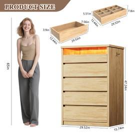 Jocoevol Larger Oak 5 Drawer Dresser for Bedroom with LED Light, Modern Chest of Drawers with Hidden Handles, Tall Wooden Dresser Closet for Living Room, Entryway, Hallway - Oak