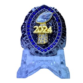 Legacy Rings 2024 Fantasy Football Championship Trophy Ring | Black Gunmetal Plated Award for Fantasy Football League Winner | Color Stones (Blue Outer)