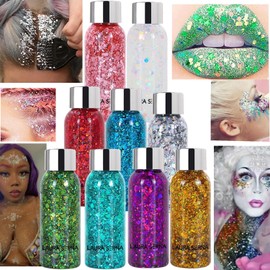 Paquete de 9 Gel Con Purpurina Corporal, Lentejuelas de Sirena, Purpurina Gruesa, Cara, Pelo, Uñas, Labios, Brillo, Loción Duradera, Brillo, Sombra de Ojos Líquida, para Festivales, Cumpleaños