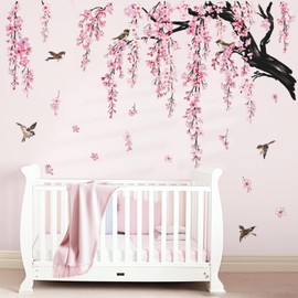 wondever Large Flower Tree Branch Wall Stickers Pink Cherry Blossom Floral Birds Wall Art Decals for Living Room Bedroom TV Wall (150cm*143cm)