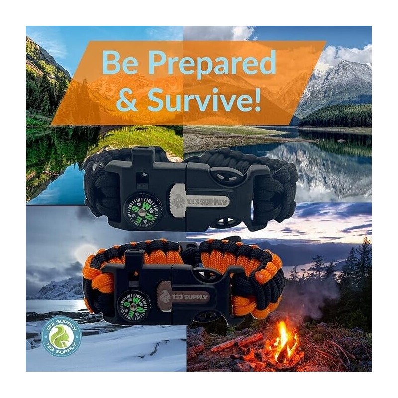 133 SUPPLY 2 PK Survival Paracord Bracelet Compass Hiking Whistle