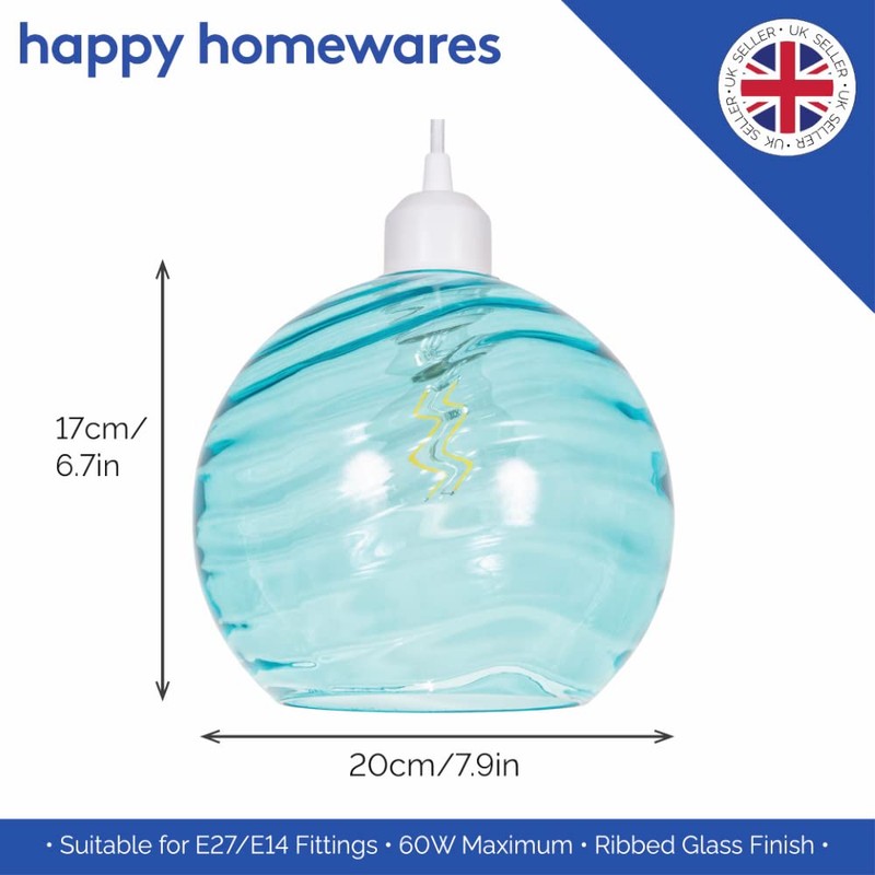 Modern Designer Soft Teal Circular Ribbed Glass Non Electric Pendant