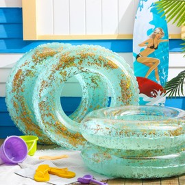 ShinyRelief 4 Pcs Inflatable Glitter Pool Float 30'' Macaron Swim Tube with Gold Confetti Swim Inner Tube for Adults Pool Floats Rings for Summer Beach Swimming Pool Bachelorette Party(Green)