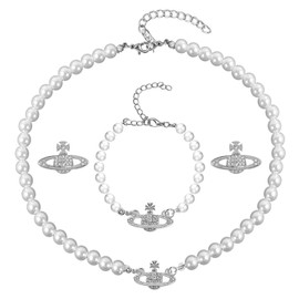 Pack of 3 Saturn Faux Pearl Choker Necklace Planet Pearl Necklace for Women Planet Chain Pearl Necklace with Pendant Beads Saturn Crystal Rhinestone Necklace for Wife Girlfriend Mother Daughter Gift